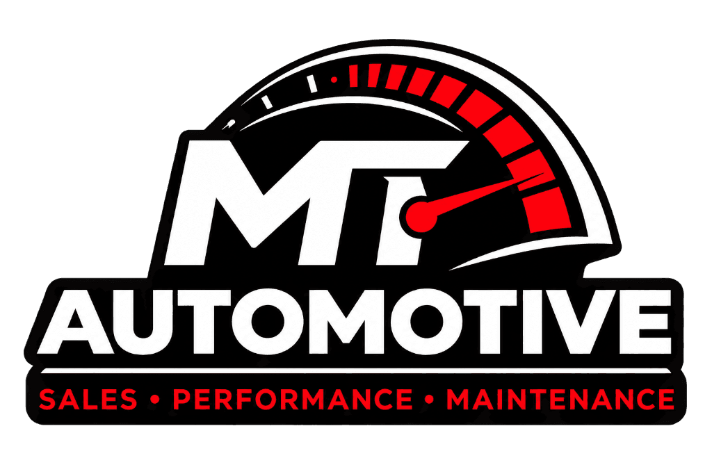 MT Automotive speedometer logo in red, white, and black